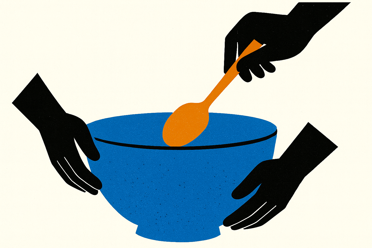 Three hands around a bowl. One hand is holding a spoon.