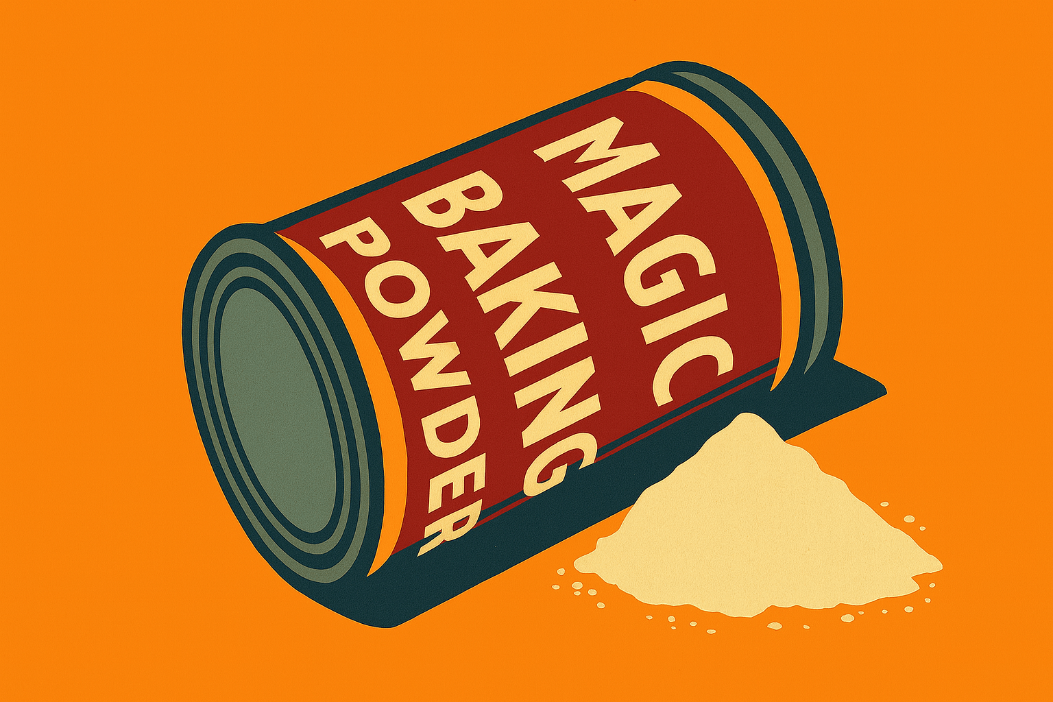 A can of baking powder on its side with a small pile of white powder beside it.